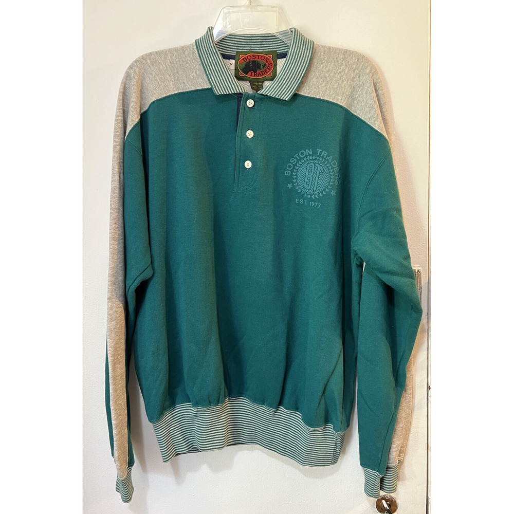 Vtg Boston Traders Cotton 1/4 Button Pullover Green Blue Grey Medium Jacket Mens